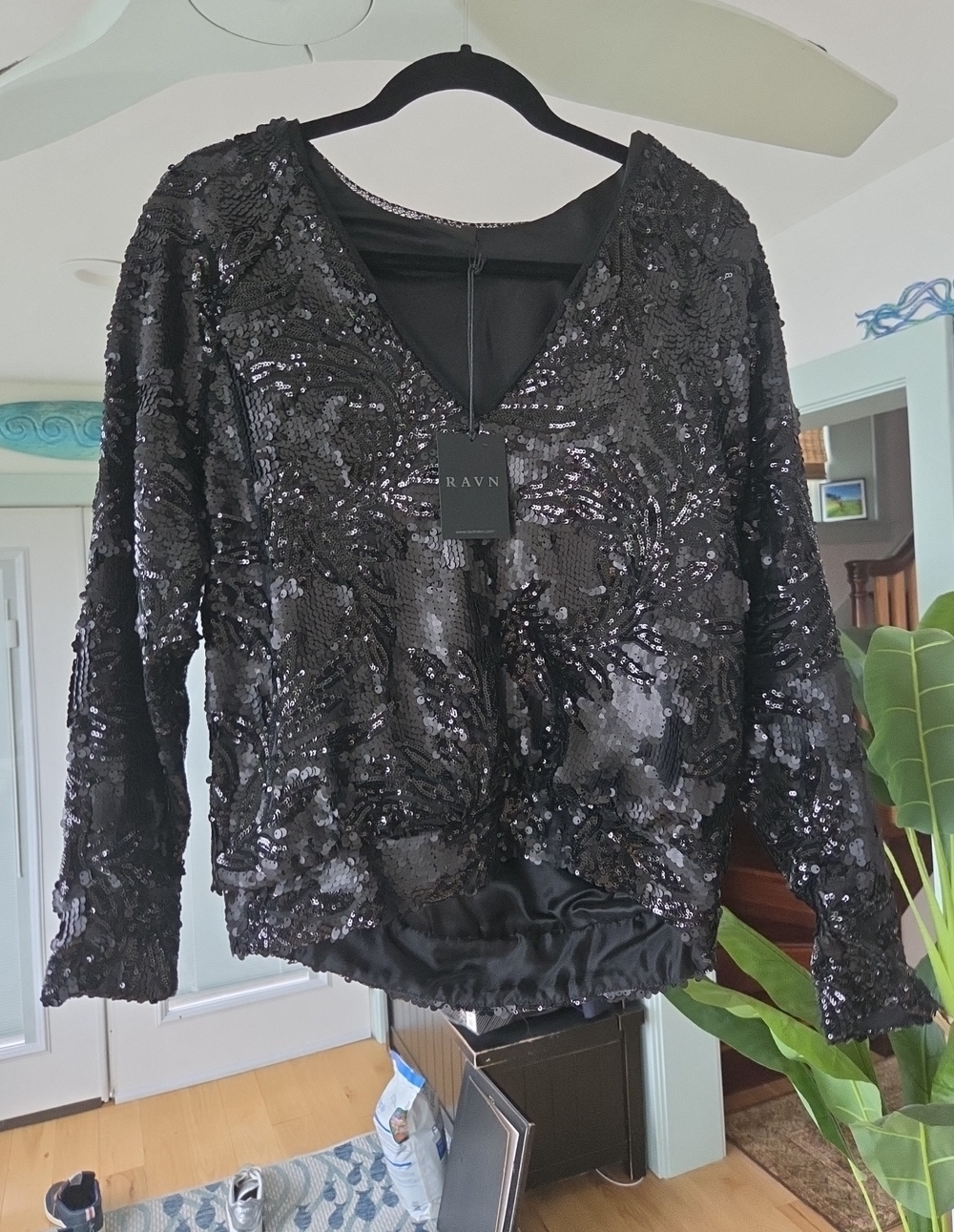 Black Sequin V-Neck Pullover Hoodie